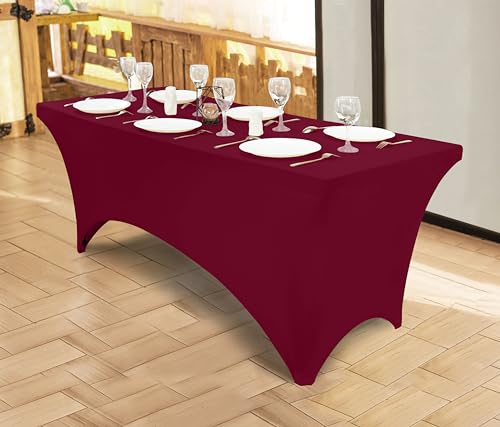 Image of Utopia Kitchen Spandex Tablecloth 1 Pack [6FT, Burgundy] Tight, Fitted, Washable and Wrinkle Resistant Stretch Rectangular Patio Table Cover for Event, Wedding, Banquet & Parties [72Lx30Wx30H Inch]