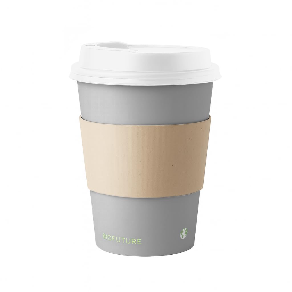 BIOFUTURE 200 x 8oz Disposable Coffee Cups Compostable Paper Cups with White Lids and Sleeves, Eco-Friendly & Biodegradable, Ideal for Hot Drinks, Takeaway or Travel, EN 13432 Certified (Grey)