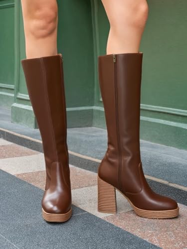 Coutgo Womens Platform Knee High Boots Chunky Block Heels Square Toe Tall Boots Side Zipper Fall Dress Shoes3