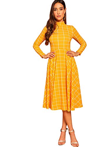 Image of Floerns Women's High Neck Plaid Fit and Flare Midi Dress