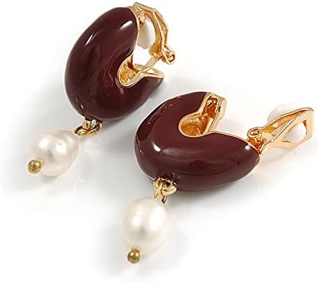 30mm Drop Maroon Enamel Half Hoop with Freshwater Pearl Clip On Earrings In Gold Tone, white / ivory, gold, brown, burgundy - Image 3