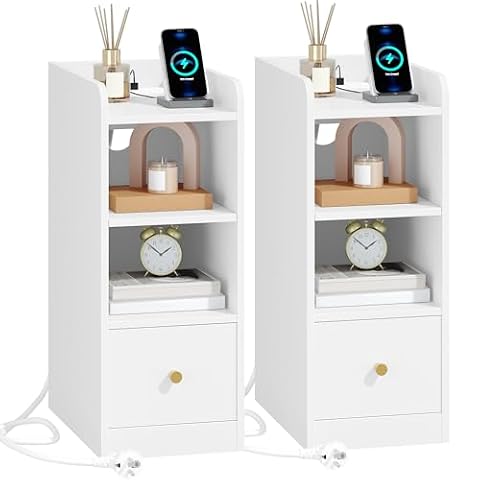 Hzuaneri Zestaw 2 Stolik nocny z oświetleniem LED i stacją ładującą, stolik końcowy z 3 szufladami z tkaniny, stolik boczny z portem USB, stolik nocny z otwartą półką do sypialni, biały NS36503X