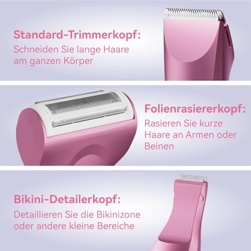 Unibono Rasierer Damen Elektrisch Kit, 3-in-1 Intimrasierer für Frauen, Damenrasierer Nass-Trockenrasierer Trimmer für Bikinizone Achseln Beine, USB-C wiederaufladbar mit Aufbewahrungstasche, Rosa