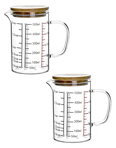 QWORK Glass Measuring Cup, 2 Pack 500ML (18 Oz, 2 Cup), High Borosilicate Glass Scale Cup with Handle and Durable Bamboo Lid, for Kitchen or Restaurant by QWORK - Used condition - Image 16