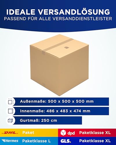 KK Verpackungen Versandkartons 500 x 500 x 500 mm Braun 2-wellig (Innenmaß 486 x 483 x 474 mm) | 1 Stück, Faltkartons Kartons für Versand als DHL Paket Hermes Paketklasse L DPD GLS Paketklasse XL