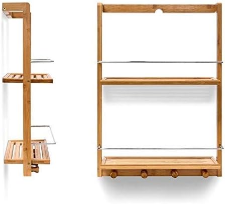 Relaxdays Bamboo Caddy Organiser with 2 Shelves Shower Moisture-Resistant Wood for Kitchen Bathroom Shelf or Spice Rack with 4 Hand Towel Hook, Brown, 15.5x38x53 cm