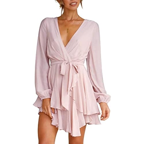 Cosonsen Women's Dress Deep V-Neck Long Sleeve Waist Tie Ruffle Mini Swing Skater Dresses