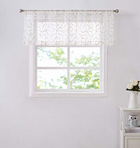 LinenZone Embroidered Voile Sheer Valance - Pole Pockets with Contemporary Design - for Living Room - Bedroom - Kitchen - Dining Rooms Valance (1 Valance 54 X 18, Linen)