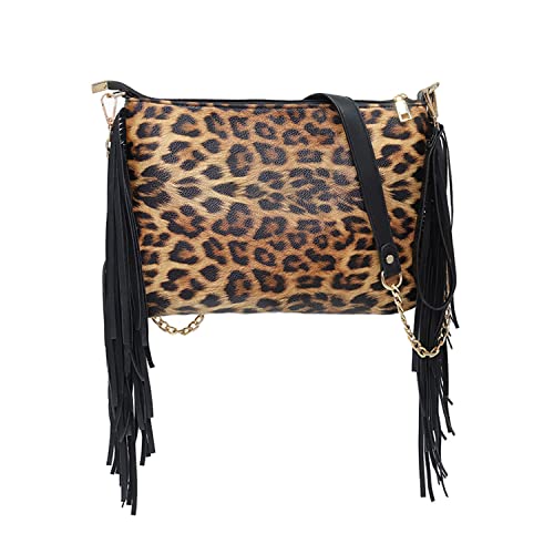 EVEOUT Sac à bandoulière à Pampilles pour Femme Style Fin Sacs portés épaule à Franges Mode Pochettes et Clutches avec Pompon（Motif léopard）