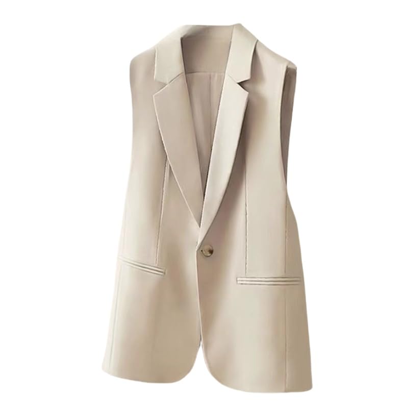 KYUERWK Chaleco Mujer Vestir,Chaleco Sin Mangas para Mujer, Chaqueta De Oficina con Forro Completo, Un Botón, Bolsillos, Solapas con Muescas, Traje Formal Informal, Abrigo De Verano, Beige, Talla Xs