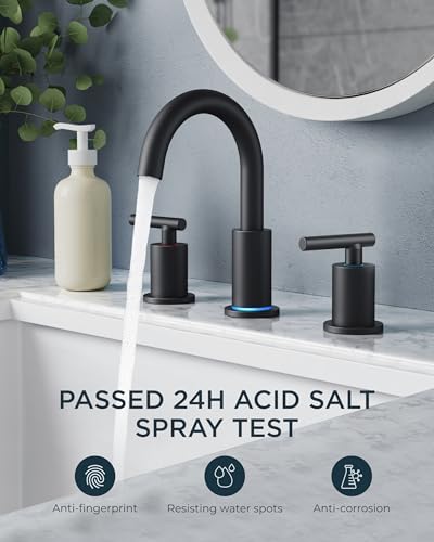 Image of FORIOUS LED Bathroom Faucet Black 3 Hole with Temperature Changing 3 Color Lights, 8 inch Widespread Matte Black LED Bathroom Sink Faucet 3 Hole with Pop Up Drain, Supply Lines, 360 Swivel Spout