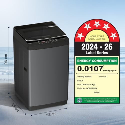 Image of Bosch 8 KG 5 Star Fully Automatic Top Loading Washing Machine,Inbuilt Heater,Glass Lid with chrome finish,Tempered Glass with Soft Closing Lid, Unique display with 10 Button,Vietnam Black,(WOE80EV0IN)