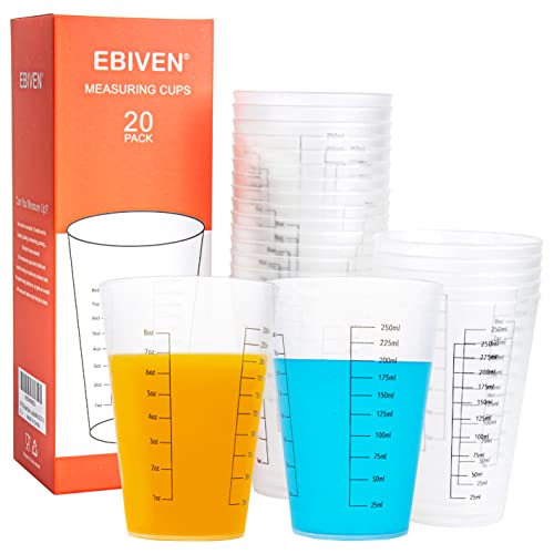 EBIVEN 20 Pcs Plastic Measuring Cups for Liquids Cooking Ounces Reusable 8 oz Paint Mixing Cup, Kitchen Drinking Measure Cup Set
