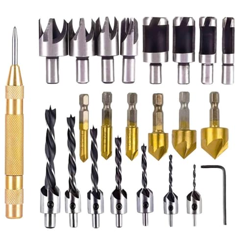 23Pcs Countersink Drill Bit Set - 6 Countersink, 7 Three Pointed, 8 Wood Plug Cutter Bits for Wood DIY