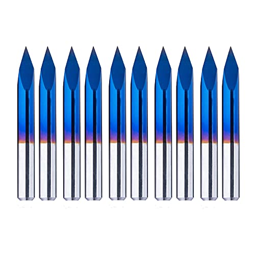 10pcs Triangular CNC Router Bits V-Bit, 30 Degree 0.1mm Engraving Bits, 1/8” Shank Nano Blue Coating Sharp Pyramid Bits for Acrylic Wood MDF Aluminum Lettering Sign Making