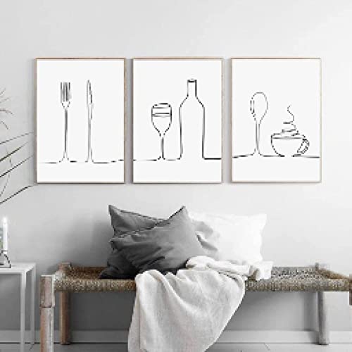 Arte de la lona 3 piezas 40x60cm Sin marco Línea blanca y negra nórdica Café Tinto Vino Tenedor Mural Arte de la pared Restaurante Cocina Decoración Decoración para el hogar Cover