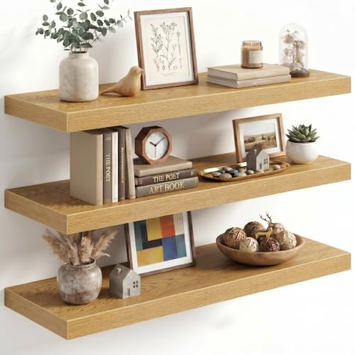 Image of Fun Memories 30 Inch Floating Shelves for Wall, Oak Wood Wall Mounted Shelf with Invisible Bracket, 10 Inch Deep Large Shelves for Living Room Bathroom Bedroom, Set of 3