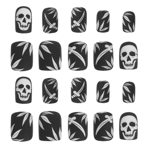 iplusmile 24 Piezas Uñas Postizas Cortas Halloween Calavera Autoadhesivas Cobertura Total Diseño Gótico Esqueleto para Mujer y Niñas Tips Cuadrados para Fiesta y Cosplay
