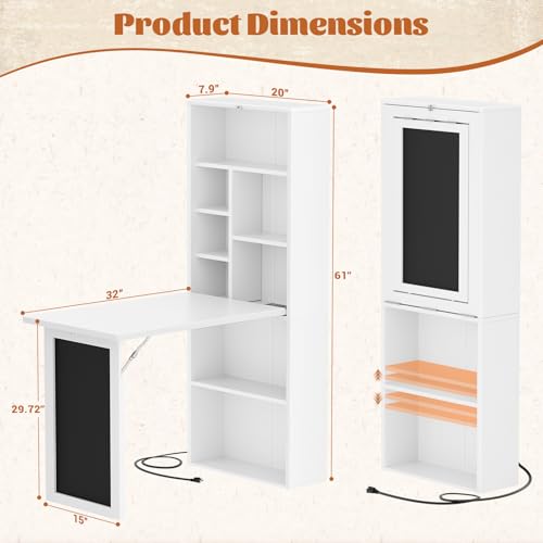 Image of Armocity Small Folding Desk with Outlets, Convertible Writing Desk for Small Spaces /Home Office /Craft Room, Multi-Function Desk Workstation with Blackboard, Fold-Out Cabinet Table, White