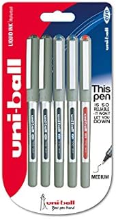 uni-ball 153486335 UB-157 Eye Fine Rollerball Pens, Black/Blue/Red Uni Super Ink, .7mm Nib, Pack of 5
