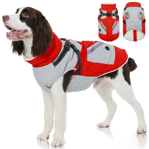 FUAMEY Dog Winter Jackets for Large Dogs,Dog Coat with Harness Built in,Waterproof Dogs Snowsuits Warm Pet Jacket Zip Up Fleece Cold Weather Coats Reflective Puppy Vest with Pocket Red XL X-