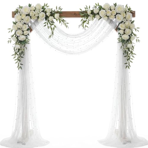 Windkream Wedding Arch Draping Fabric with Pearl 28.7" x 20 ft Ivory White Sheer Gauze Fabric Backdrop Drapery for Wedding Arbor Ceremony Bridal Shower Birthday Party Reception Decor(White)