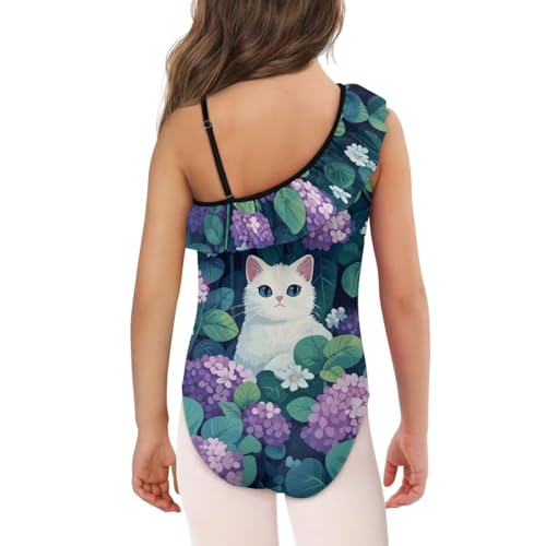 UNICEU Cat Print One Piece Swimsuit for Girls One-Shoulder Ruffle Bathing Suit Quick Dry Breathable Swimwear for Pool4