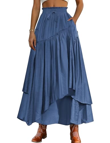Scarlet Darkness Long Skirts for Women Renaissance Costume Pirate Maxi Skirt Plus Size with Pockets Denim Blue M