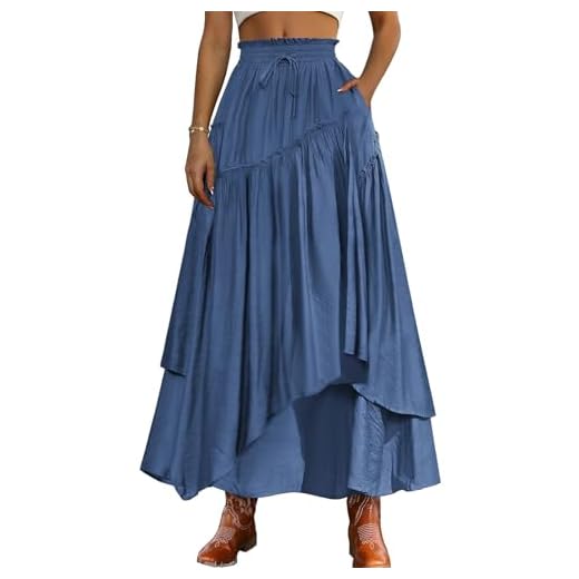 Scarlet Darkness Long Skirts for Women Renaissance Costume Pirate Maxi Skirt Plus Size with Pockets Denim Blue XL