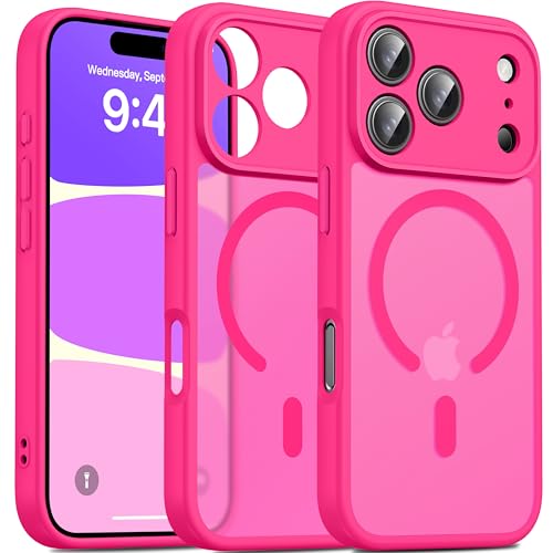 Image of Oterkin Magnetic for iPhone 17 Pro Max Case Matte, Full Camera Protection Compatible with MagSafe Frosted Translucent Shockproof Anti-Scratch Slim Fit Case Military Grade Protection (Hot Pink)