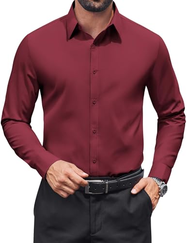 COOFANDY Dress Shirts for Men Long Sleeve Button Down Stain Shield Stretch Shirts Regular Fit Formal Business Shirt Red