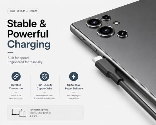 Image of 45W Type C to Type C Cable 1 Meter compatible with Samsung Galaxy S25 Ultra, S24 Ultra, S23 Series, A55, A35, Z Fold and Z Flip, USB-C (Black)