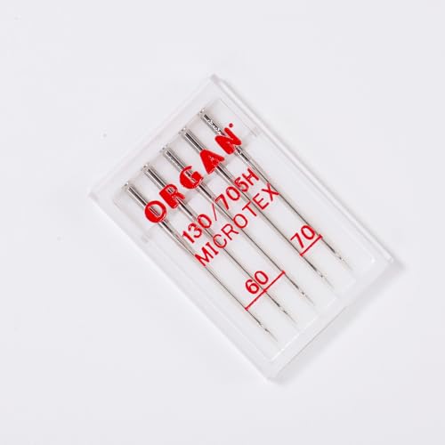 Organ Microtex Sewing Machine Needles 5-Pack, Ultra-Fine Sizes 60/8 (3pcs) & 70/10 (2pcs), for Microfiber, Silk, Precision Piecing & Topstitching, Ultra Sharp Point