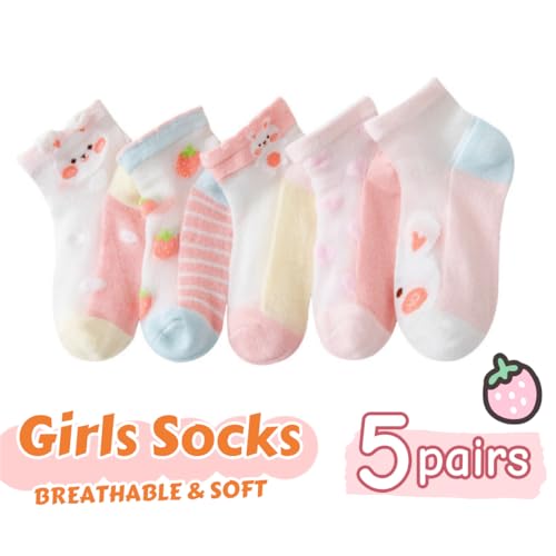 5 Pairs Toddler Girls Kids Socks, Summer Cute Animal Soft Cotton Thin Mesh Socks, 1~12Years2