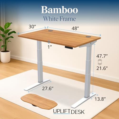 Image of UPLIFTDESK Bamboo (48 x 30 inch) Standing Desk 2-Leg V3 Adjustable Stand Up C-Frame (White), Advanced Keypad, Wire Grommets, Wire Tray, Rocker Board