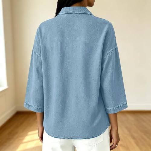 Denim Button Down Shirt Women 3/4 Sleeve Oversized Collared Jean Shirt - image 3