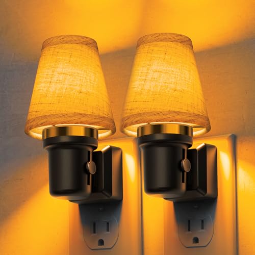Image of L LOHAS LED Night Lights Plug into Wall, 2 Pack Linen Fabric Round Platform Decor Night Light, Dusk to Dawn Sensor Vintage Nightlight, Amber Warm 0-100LM Dimmable, for Bedroom Living Room Hallway