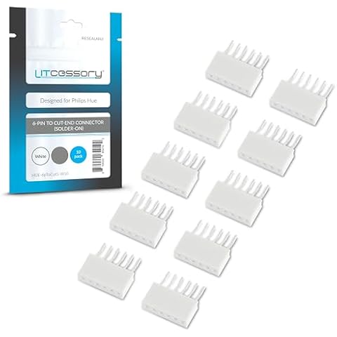 Litcessory 6-Pin to Cut-End Connector for Philips Hue Lightstrip Plus (Solder-On) (10 Pack, White - MICRO 6-PIN V4) Cover
