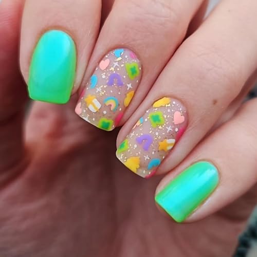 Rainbow Press on Nails Short Square Fake Nails with Gifts