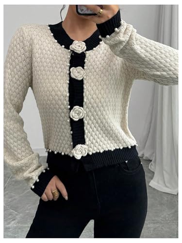 Image of GORGLITTER Women's Floral Button Up Cropped Cardigans Pearls Long Sleeve Lightweight Dressy Cute Knit Sweater Apricot Small