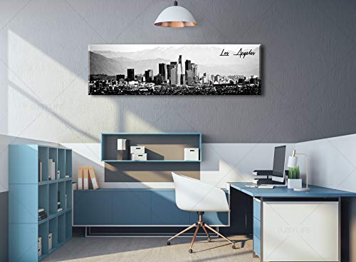 Image of DJSYLIFE Los Angeles Skyline Wall Art Black and White USA Panoramic Cityscape Picture Canvas Prints Artwork for Bedroom Men Room Office Decoration Painting Ready to Hang 13.8 inchx47.3 inch