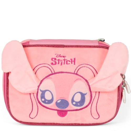 Luxcel Estojo Escolar Box 100 Pens Stitch Angel Rosa, Aplique 3D Orelhinhas, Material Peluciado Poliéster, 21x15x6cm