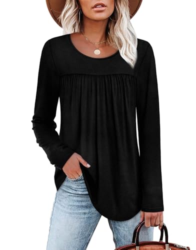 WIHOLL Long Sleeve Shirts for Women Pleated Fall Tops Crewneck Casual Tunic Tops to Wear with Leggings Fashion Clothing3