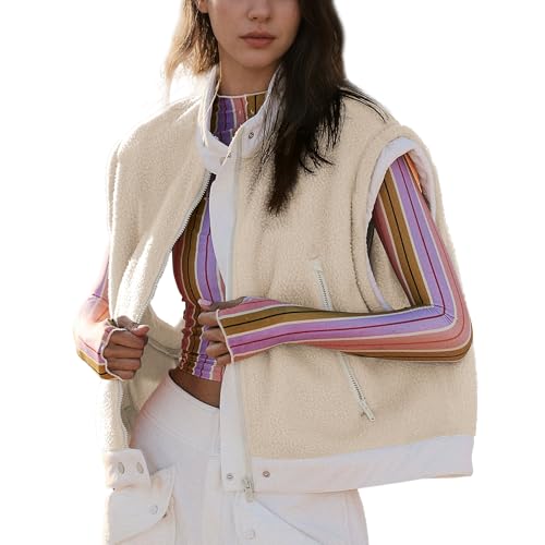 Ainangua Women Fuzzy Moto Fleece Vest Oversized Zip Up Sleeveless Sherpa Jacket Lightweight Warm Vest Top Outerwear Apricot Small