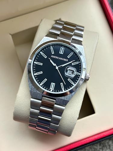 Image of AMERICANVIBER Men's Silver Stainless Steel Watch, Vibrant Green Sunburst Dial, Quartz Analog Movement, Date Display, Faceted Bezel for Men