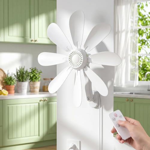 Wall Mount Fan 8-Blade with Remote Control & Timer – No-Drill Plug-In Wall Mounted Fan for Bedroom Kitchen Bathroom and Dorm Room – 3 Wind Modes 2-8H Auto Timer 360° Adjustable Quiet AC Motor White
