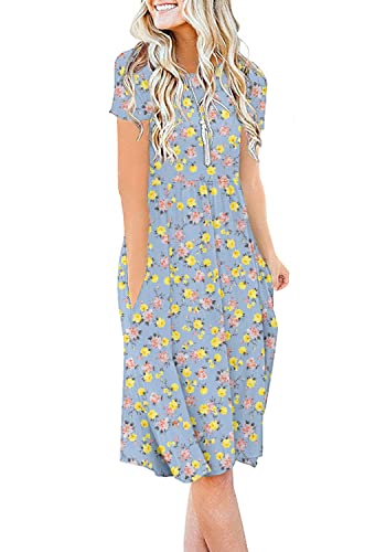 Image of DB MOON Women Summer Casual Short Sleeve Dresses Empire Waist Dress with Pockets