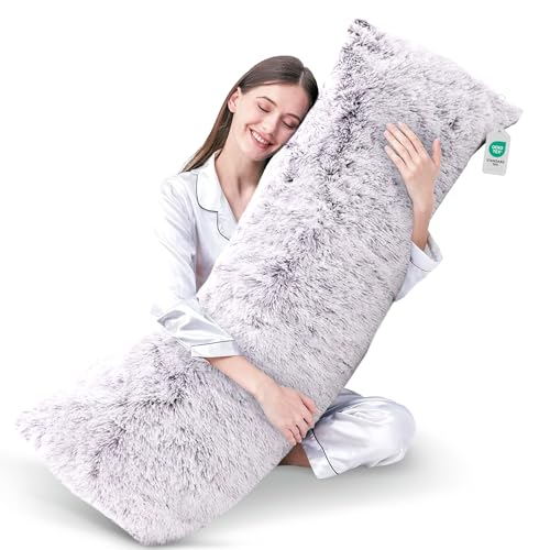 Cheer Collection Long Body Pillow â€“ Soft Fuzzy Long Pillow for Couch and Bed, Plush Side Sleeper Pillow, Decorative 20x54 Body Pillow with Shaggy Hair Cover - Purple