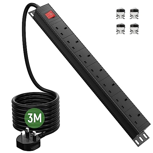 Surge Protected Extension Lead 3M HANNELORE 7 Way Power Strip with Switch Power Distribution Unit PDU Rack Mount Power Strip 13Amp Multi Plug Extension Sockets for Home Office and Industrial Use
