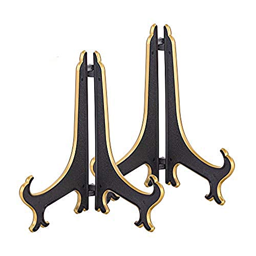 Artliving 8 Inch Plate Display Stand - Adjustable Easel Holder for Decorative Plates, Pictures, Cookbooks - Black Gold Tabletop Stands with Foldable Design - 2 Pack